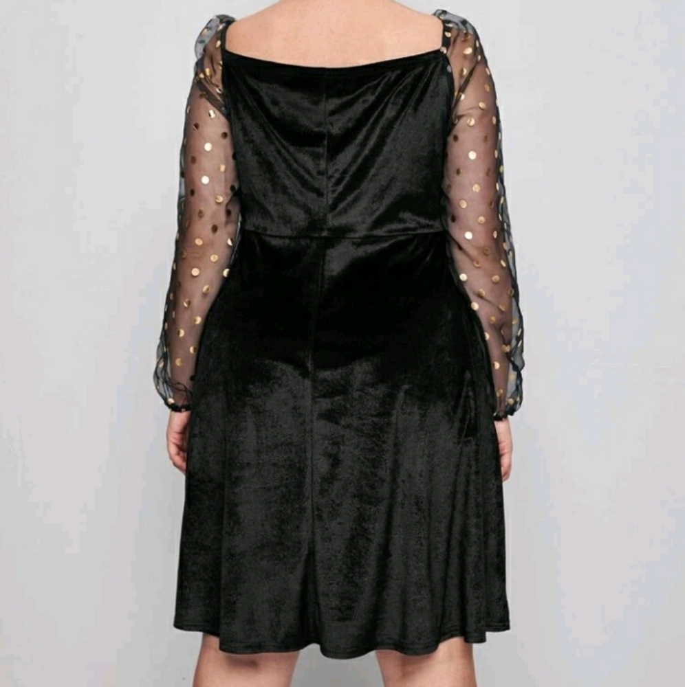 #12 Brand New Plus Black and Gold Mesh Velvet Dress - Picture 3 of 6